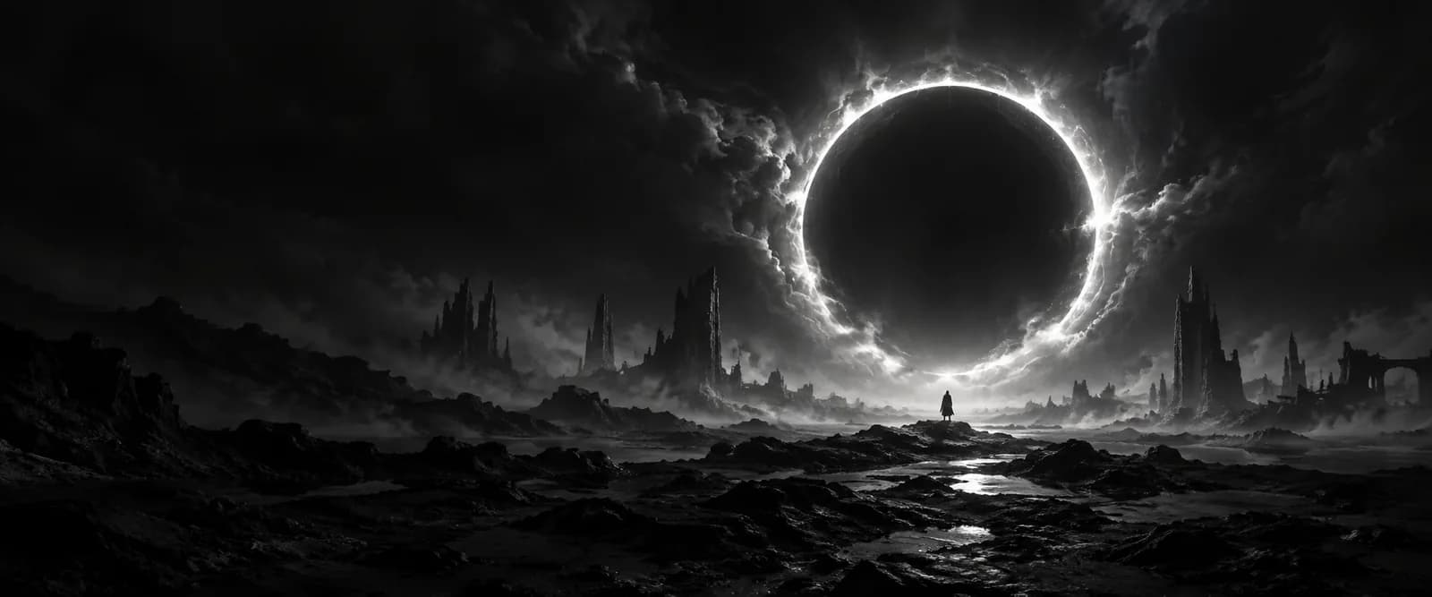 Osamělá postava pod světelným kruhem v temném monochromatickém světě Endclocku