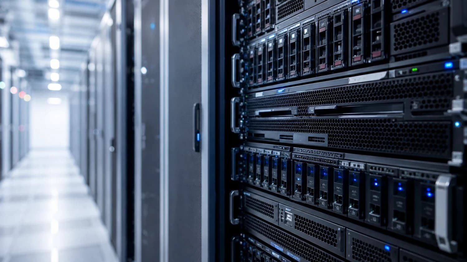 Serverové racky s modrými kontrolkami z projektu Optcon